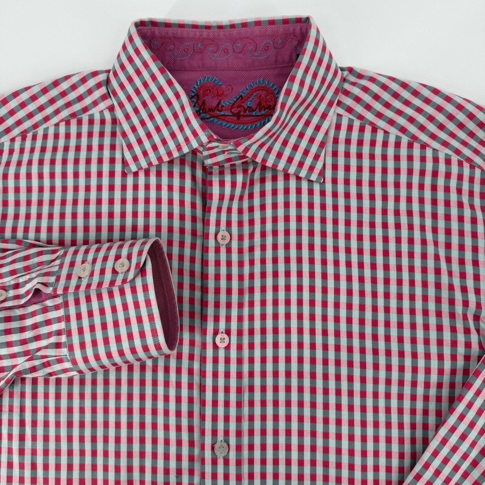 Robert Graham Mens Red Grey Gingham Check Button Down Shirt Large Paisley Trim